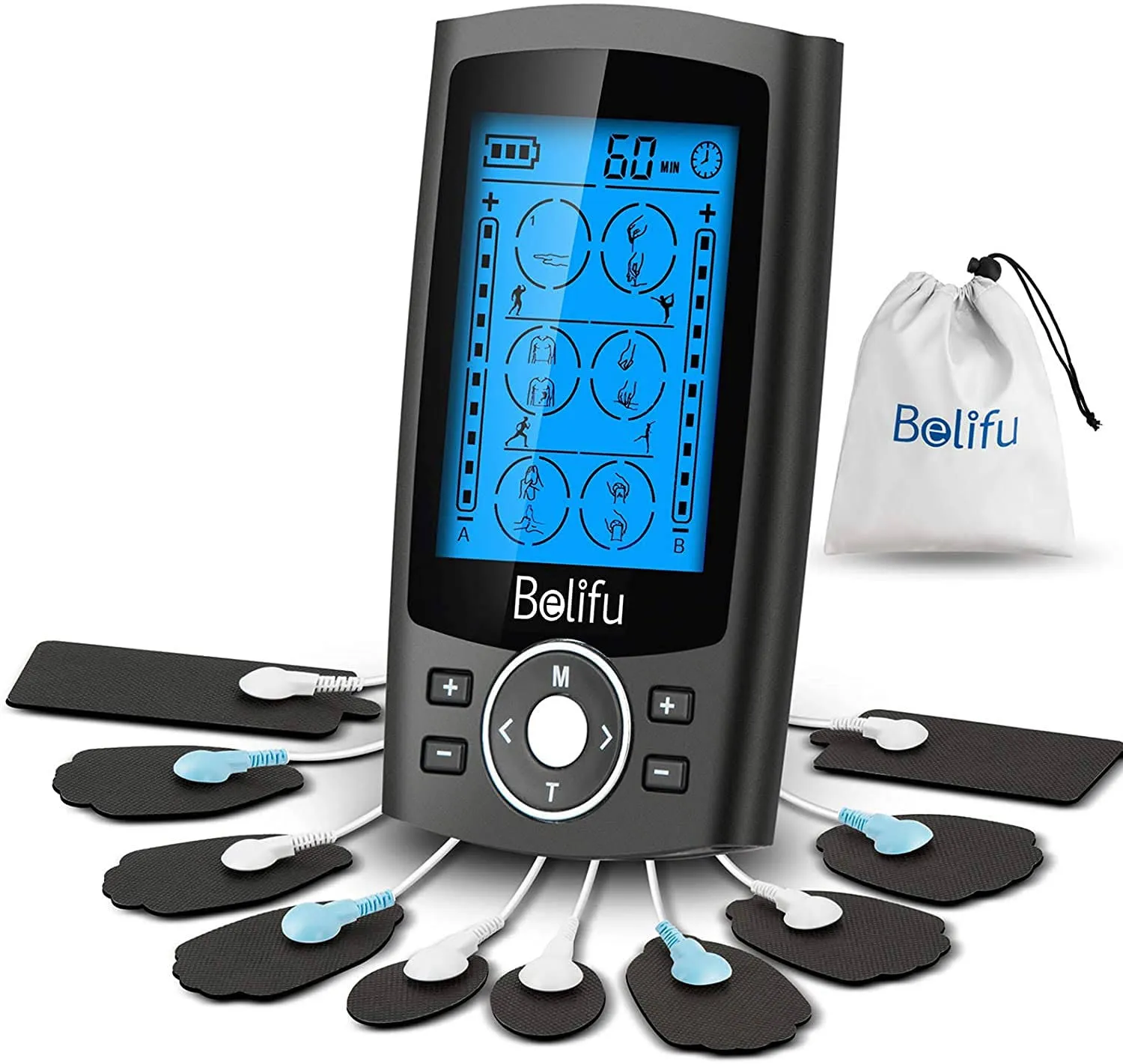 For Sale BELIFU Dual Channel, 24 Mode Unit , with 10 pads, Muscle Stimulator EMS Pocket sized digital TENS with rechargeable battery  