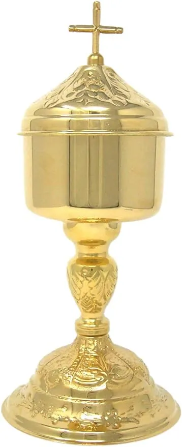 Solid Brass Gold Tone Church Eucharist Host Ciborium with Cross Top Lid 10 Inch