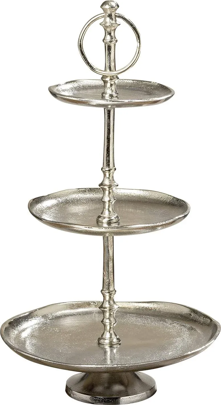 WHW Whole House Worlds Old World Grand Hotel 3 Tier Stand Decorative, Polished Silver Aluminum, Etched and Polished Artisan Finish, Luxurious Style, Pedestal Base, 12 .25 D x 19 H inches