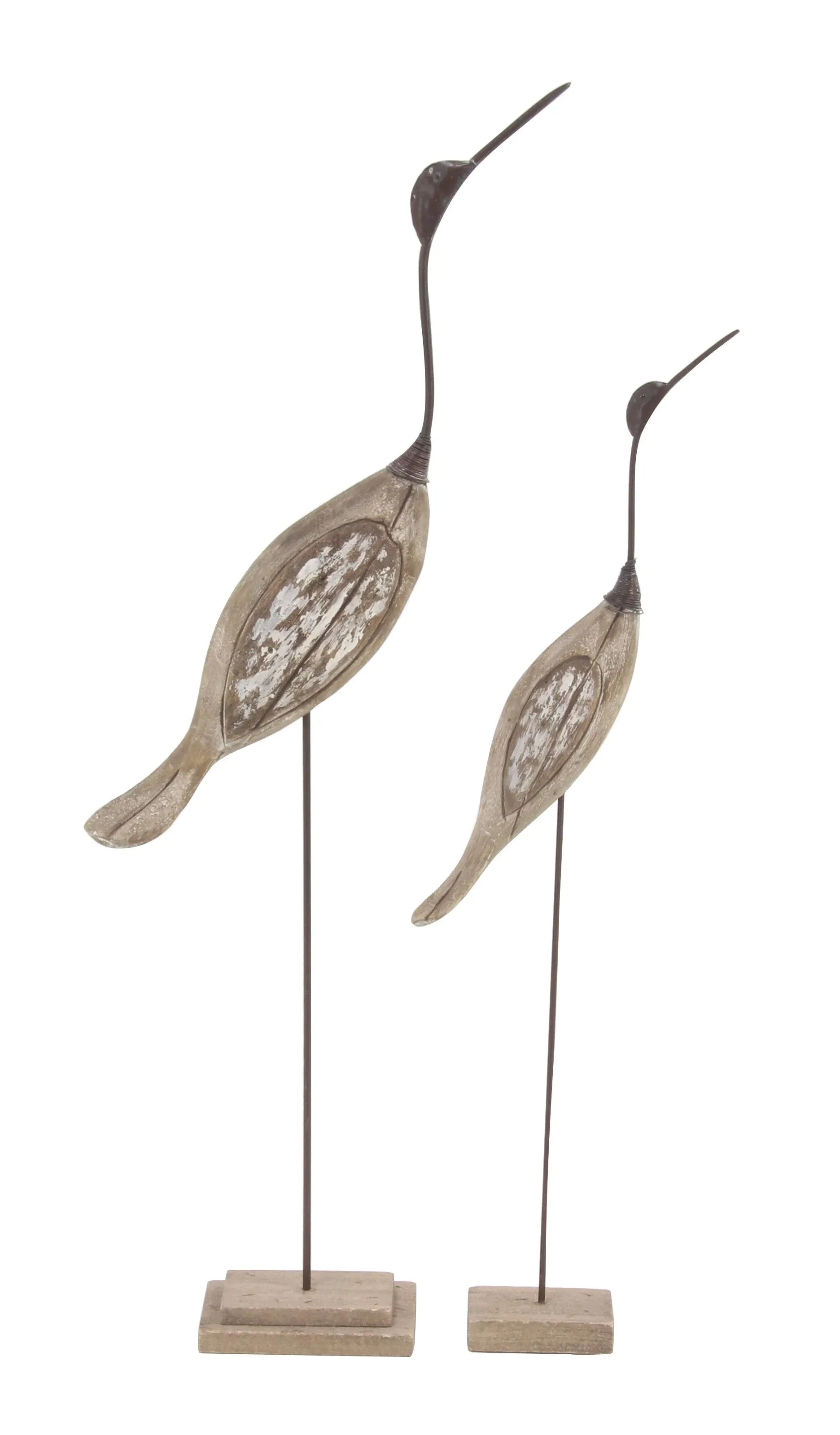 Decmode Set of 2 Coastal-Inspired Empress Wood and Metal White Bird Sculptures Brown