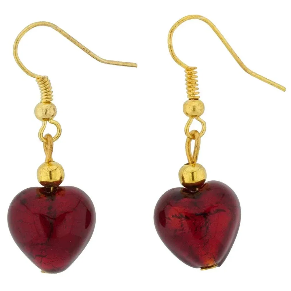 Murano Glass Heart Earrings - Ruby Red