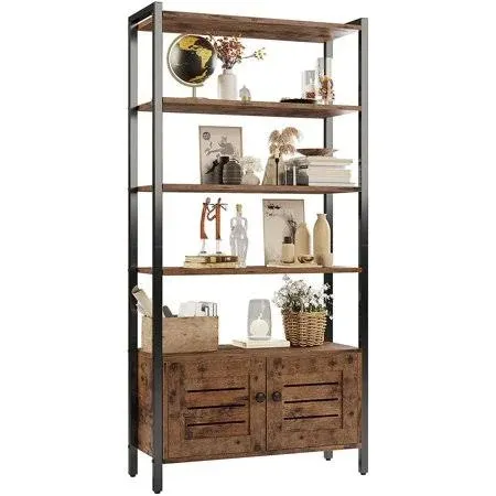 IRONCK Bookshelf and Bookcase with Two Louvered Doors and Four Shelves, 27.6" Wide Standing Storage Cabinet for Living Room, Home Office, Bedroom, Washroom, Vintage Brown