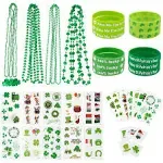 Whaline St. Patrick's Day Party Favor Set Include 12 Green Rubber Wristbands bracelet, 12 Shamrock Necklace and 70 Piece Temporary Tattoo Sticker for St. Patrick Irish Party Supplies Decorations