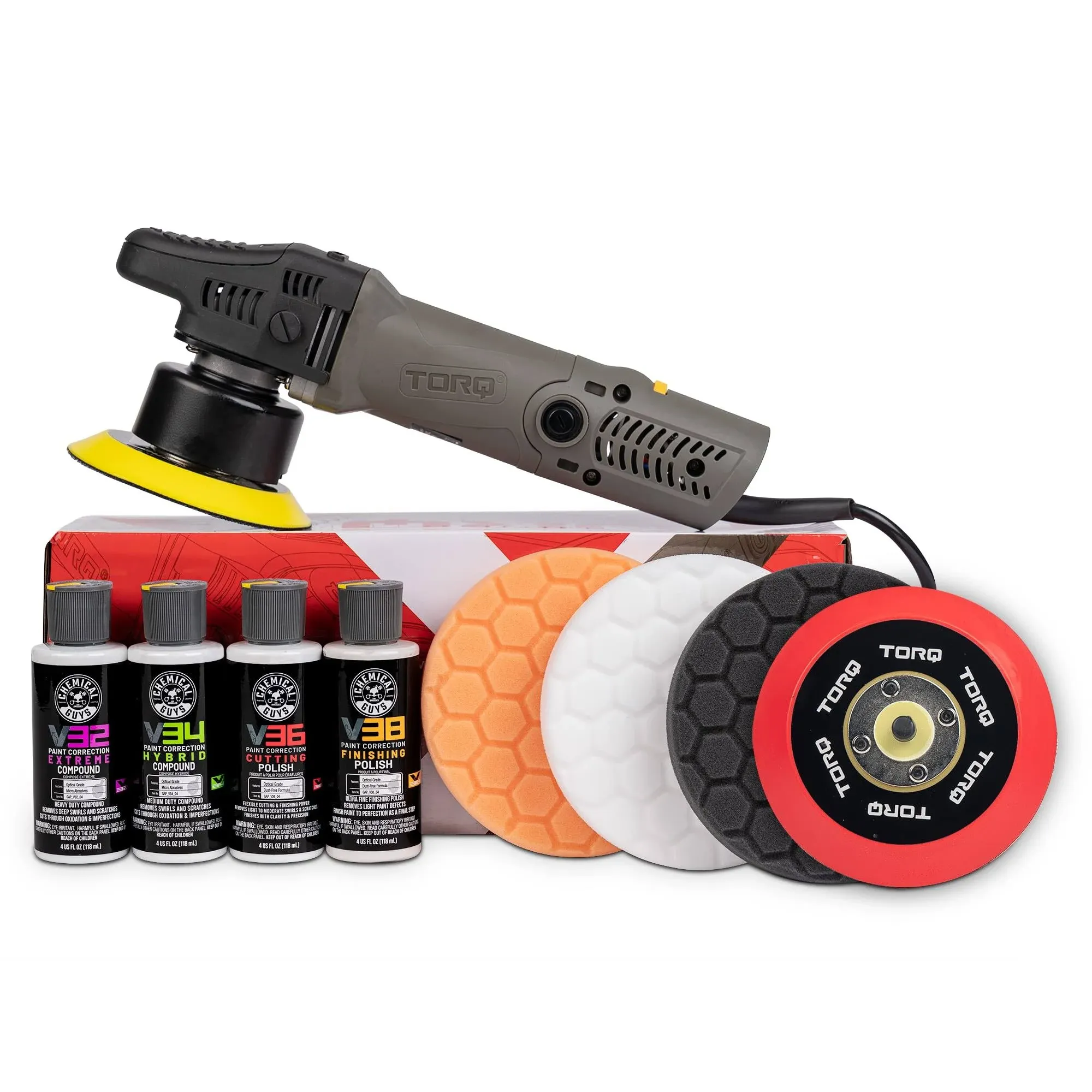 Chemical Guys BUF_503X TORQX Random Orbital Polisher, Pads, Politures & Compounds Kit (Безпечно для автомобілів, вантажівок, позашляховиків тощо) 700 Вт, Orbit 8 мм - 9 предметів