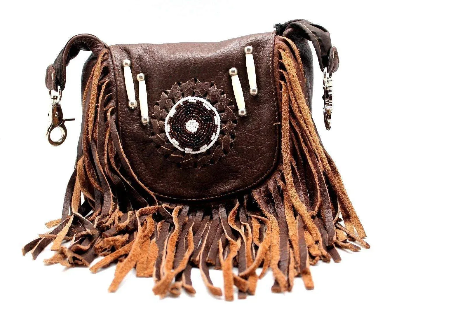 Juzar Tapal Collection Brown Redindians Genuine Leather Boho Fringe Cross Body Hip Fanny Bag Pouch