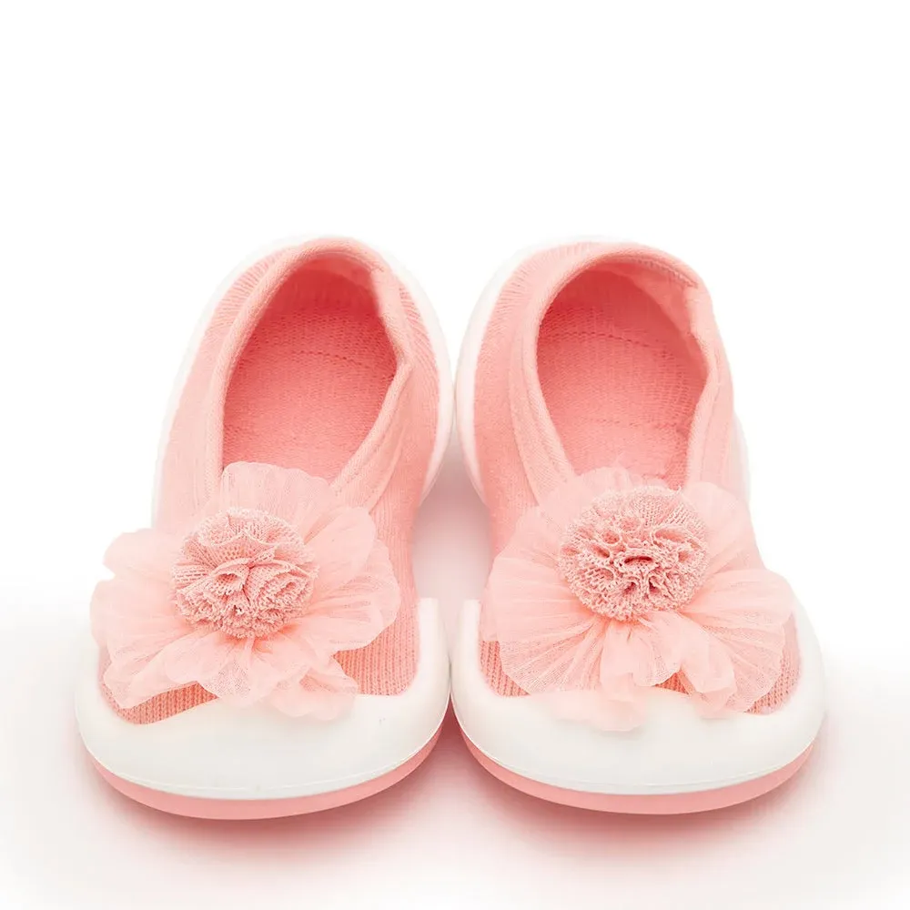 Komuello Baby Shoes Flat Pompom Flower Pink