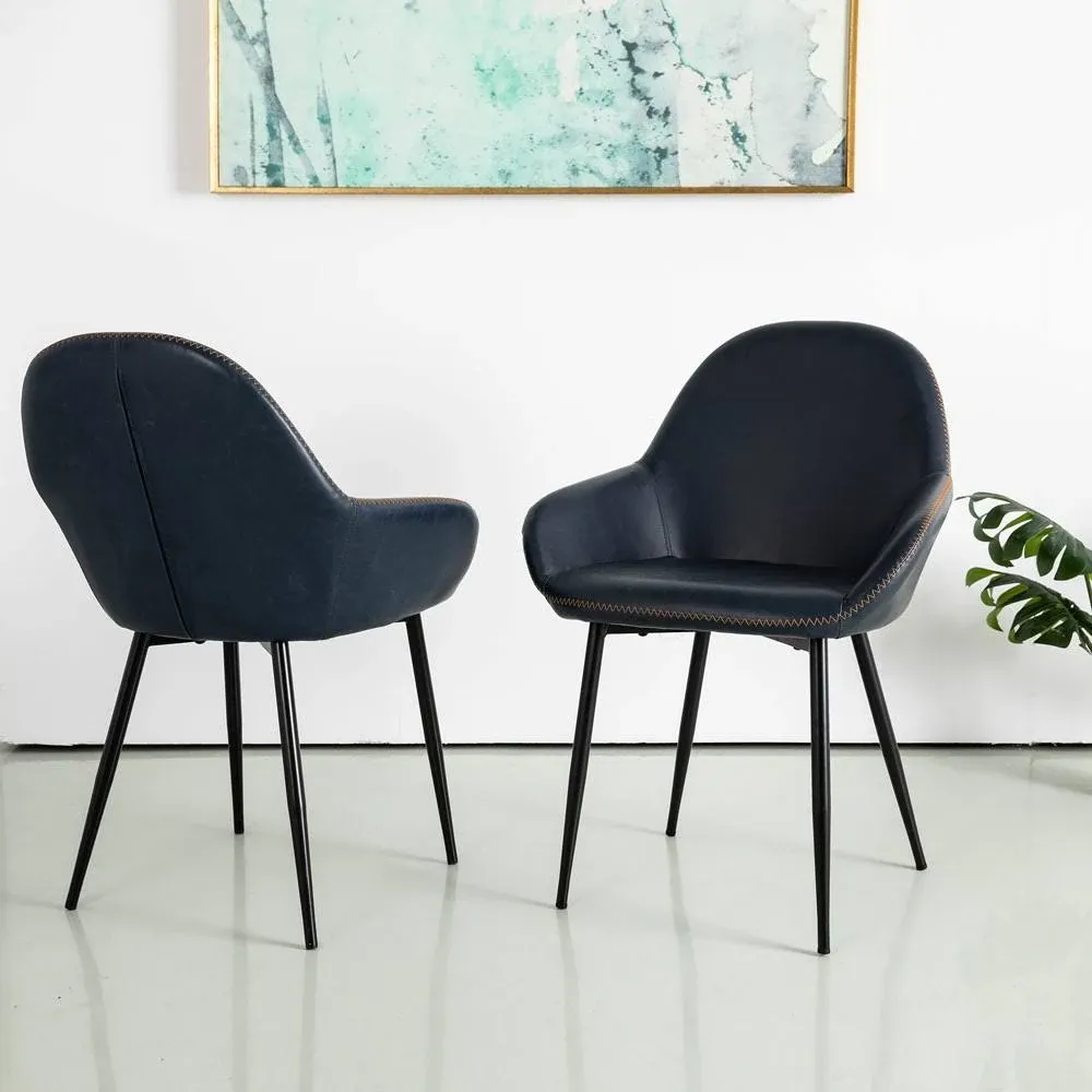 Glitzhome Set of 2 Contemporary/Modern Faux Leather Upholstered Dining Arm Chair (Metal Frame) in Blue | 1005202561