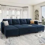 Honbay 6-Piece Velvet Convertible Sleeper Sectional with Storage Ottoman, Dark Blue