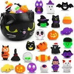 YUJUN 24PCS Halloween Mochi Squishy Toys with Black Cauldron,Kawaii Squishies Mini Stress Relief Toys for Halloween Party Favors Goodie Bag Stuffers for Kids Boys Girls