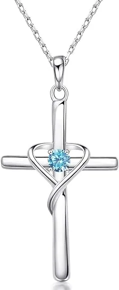 925 Sterling Silver Cross Necklace for Women Men 5A CZ Birthstone Necklaces f...