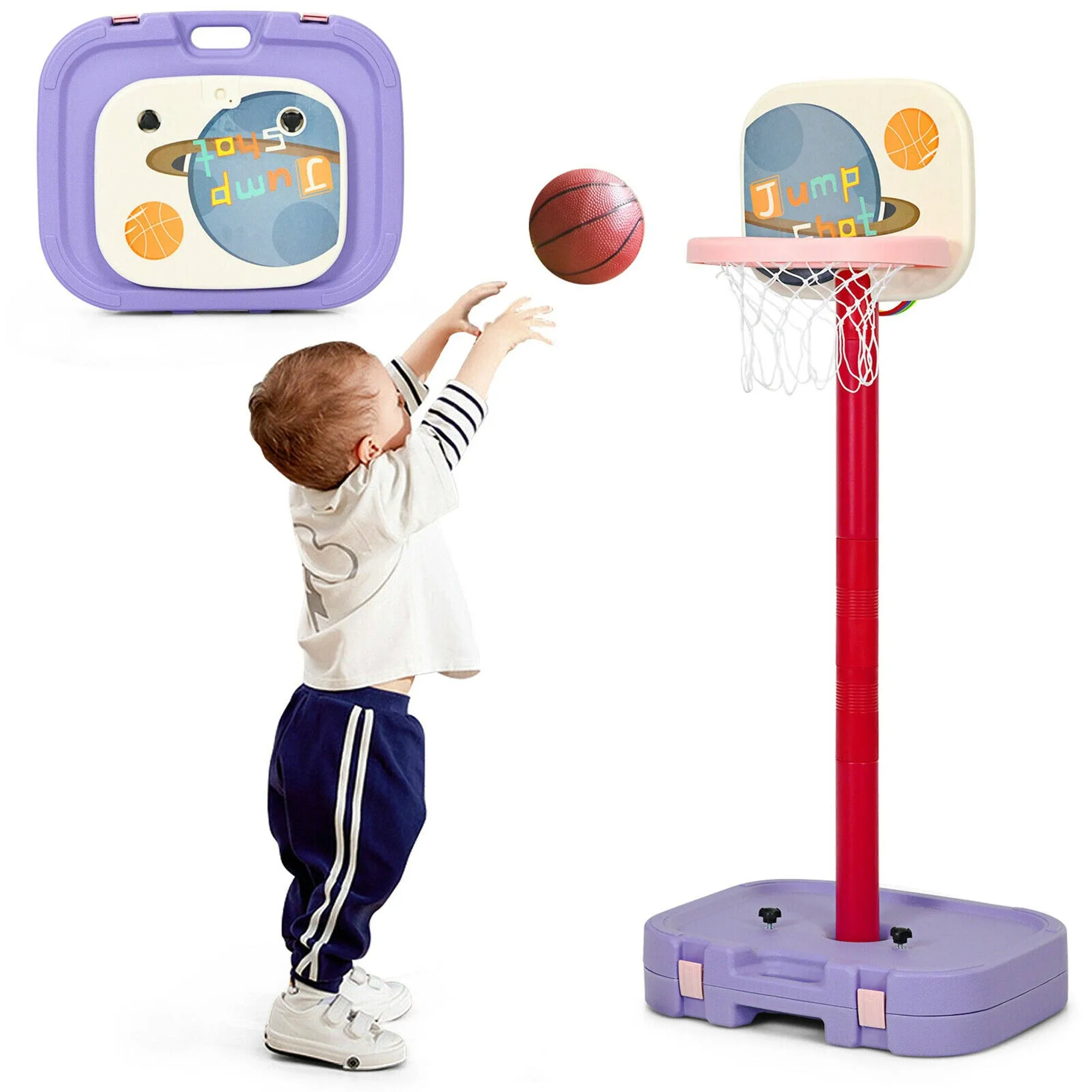 Costway Portable 2 in 1 Kids Basketball Hoop Stand w/Ring Toss Storage Box