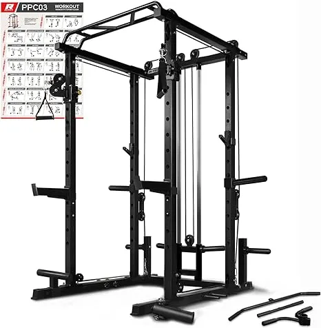 RitFit Multi-Function Squat Rack Power Cage PPC03 with Cable Crossover System, 1000LBS Capacity Power Rack and Packages with Optional Weight Bench, Barbell Weight Set, for Garage Workout & Home Gym