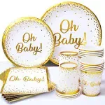 Sweet Baby Co. Oh Baby Shower Plates and Napkins Neutral for Boy or Girl with White and Gold Paper Plates, Cups, and Napkins | Disposable Tableware for 24 Guests | Party Supplies and Decorations