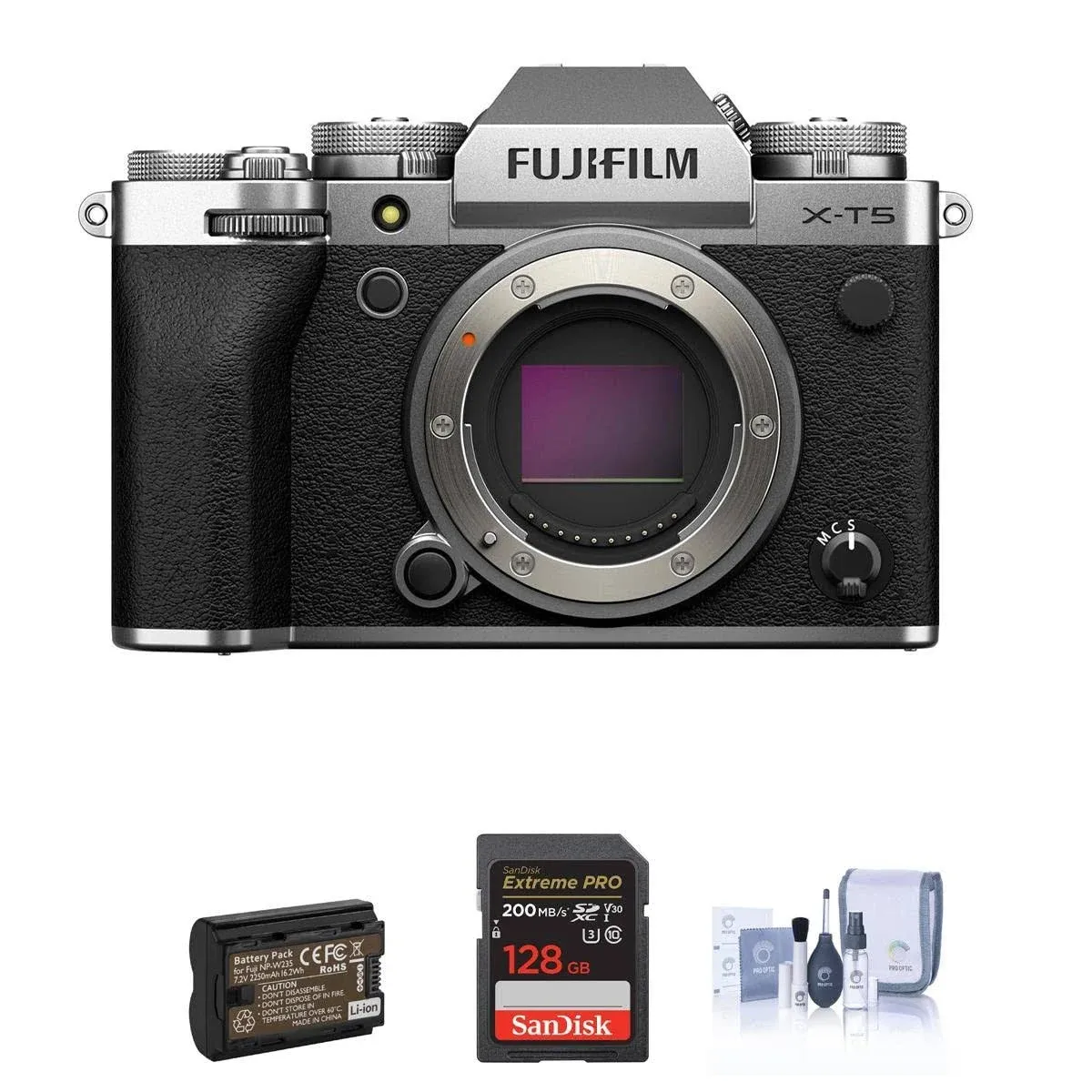 Fujifilm X-T5 Mirrorless Camera, Silver Bundle with 128GB SD Card, Extra Battery, Cleaning Kit