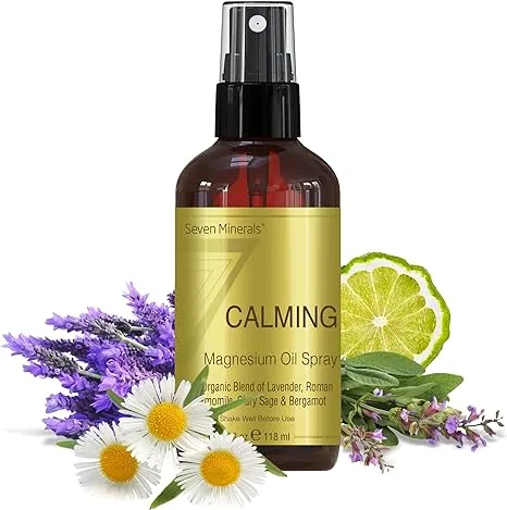 Seven Minerals Calming Magnesium Spray | 100 Percent Natural Essential Oils Blend - Made in USA (Lavender, Roman Chamomile, Clary Sage, and Bergamot) || eBook Included (New)