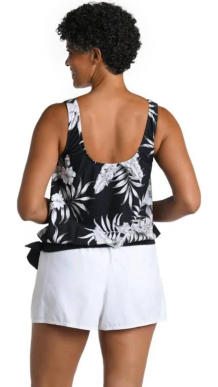 Maxine Women's Tropic Paradise Banded Scoop Blouson Tankini Top - Black ...