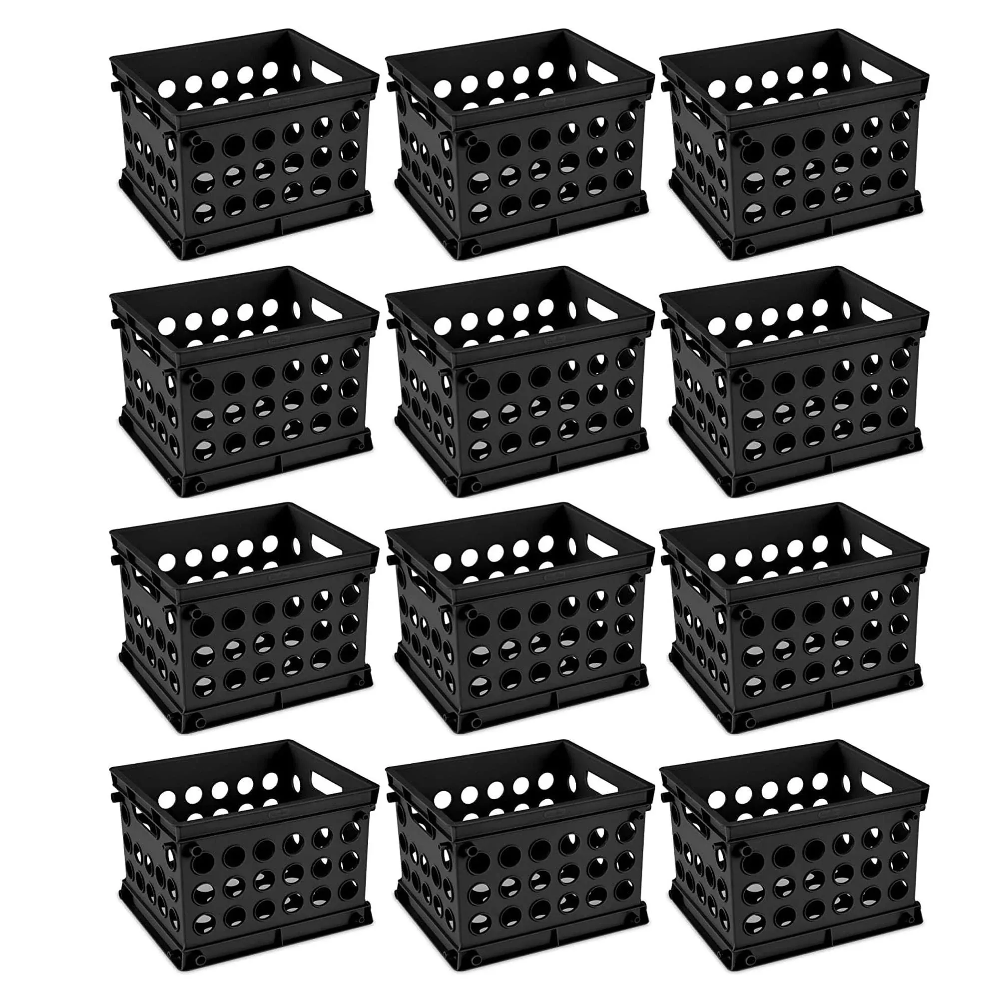 Sterilite Mini Crate, Stackable Plastic Storage Bin with Handles, Organize Home, Garage, Office, School, Dorm Room, Black, 12-Pack