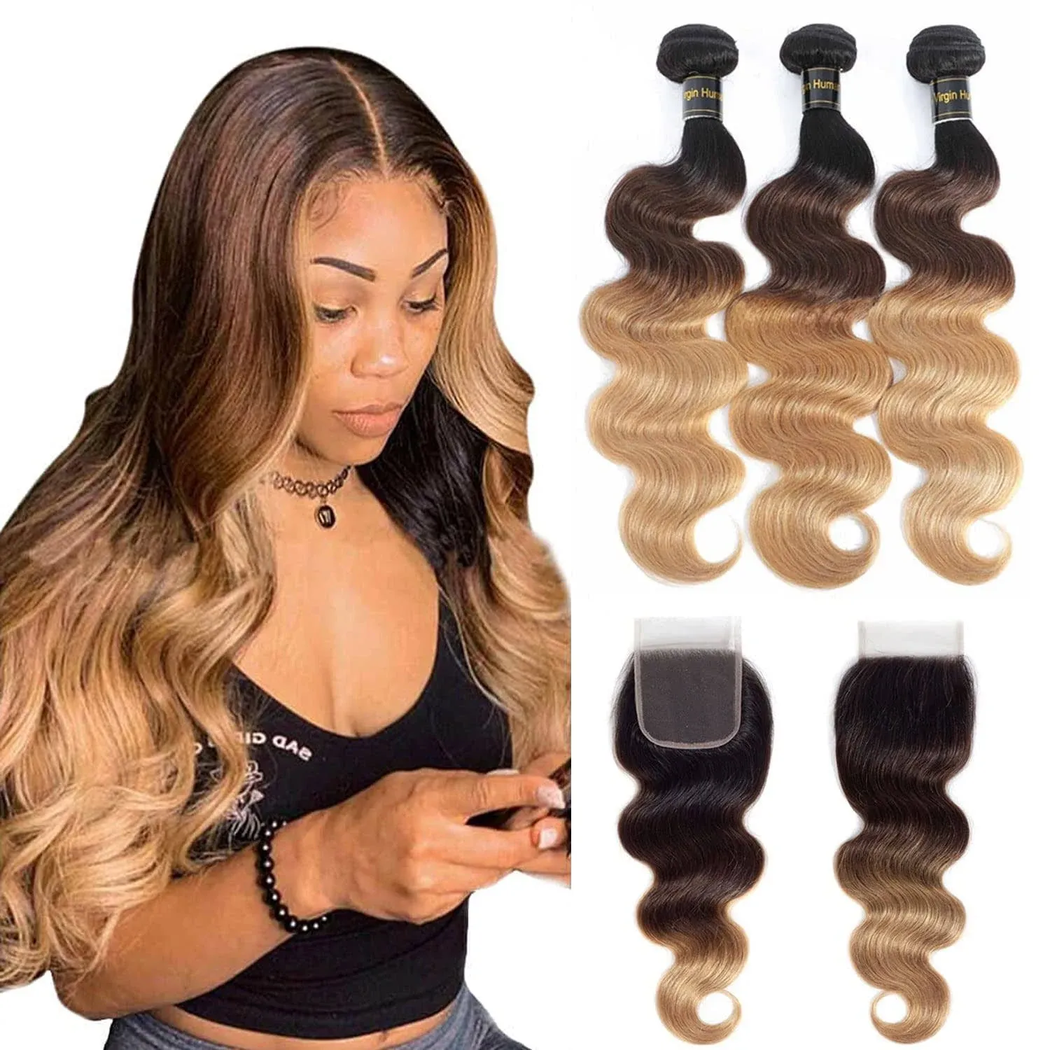 Shining Girl 12A Ombre Body Wave Bundles With Closure Brazilian Virgin Remy 100% Human Hair Ombre 3 Tone T1B/4/27 Color Human Hair Extensions 3 Bundles with 4x4 Lace Closure (14 16 18+12, 1B#/4#/27#)