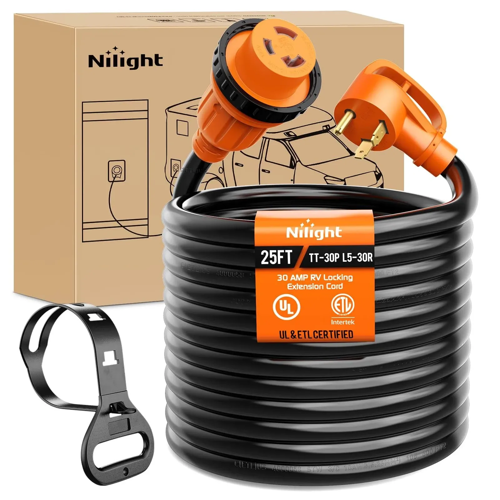 Nilight 30 Amp 25FT RV Locking Extension Cord 125V Heavy Duty 10 Gauge