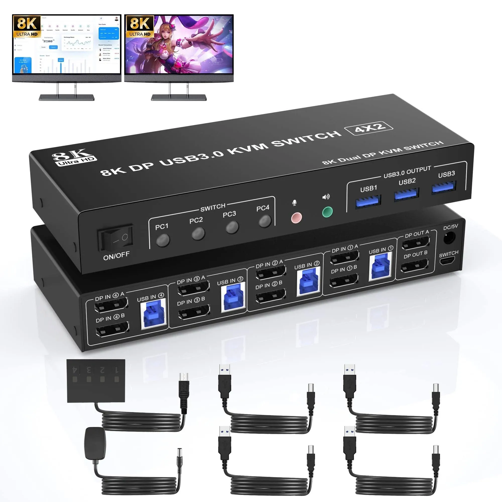 8K@60Hz USB 3.0 DisplayPort KVM Switch 2 Monitors 4 Computers, Dual Monitor KVM ...