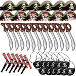 Funny Pirate Party Hats 48 PC Set – Pirate Birthday Party – Pirate Party Favors for Kids - 12 Pirate Hats, 12 Patches, 12 Swords, 12 Telescopes