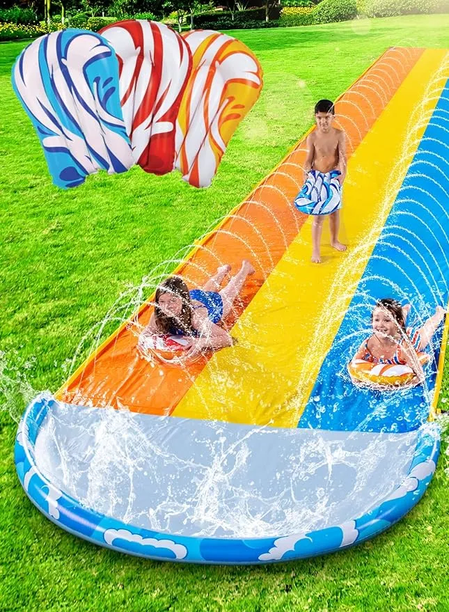 JOYIN 22.5ft Triple Water Slide and 3 Body Boards, Heavy Duty Lawn Water Slides Waterslide and Slip Sprinkler for Kids Adults Backyard Summer Outdoor