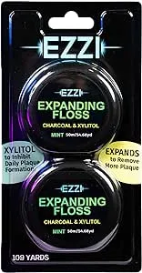 Ezzi Woven Expanding Dental Floss | Naturally Waxed & Textured w/Charcoal & Xylitol to optimally Clean Gums | Mint | Thick & 109 Yards