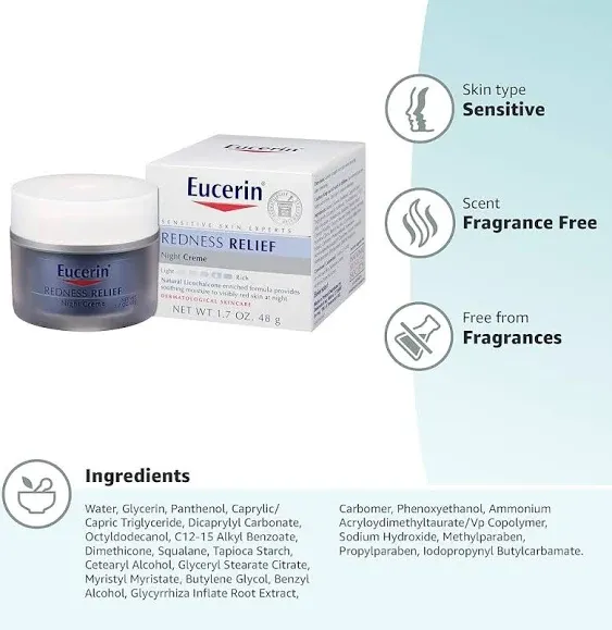 Eucerin Redness Relief Night Creme - Gently Hydrates To Reduce Redness-Prone Skin At Night - 1.7 oz Jar