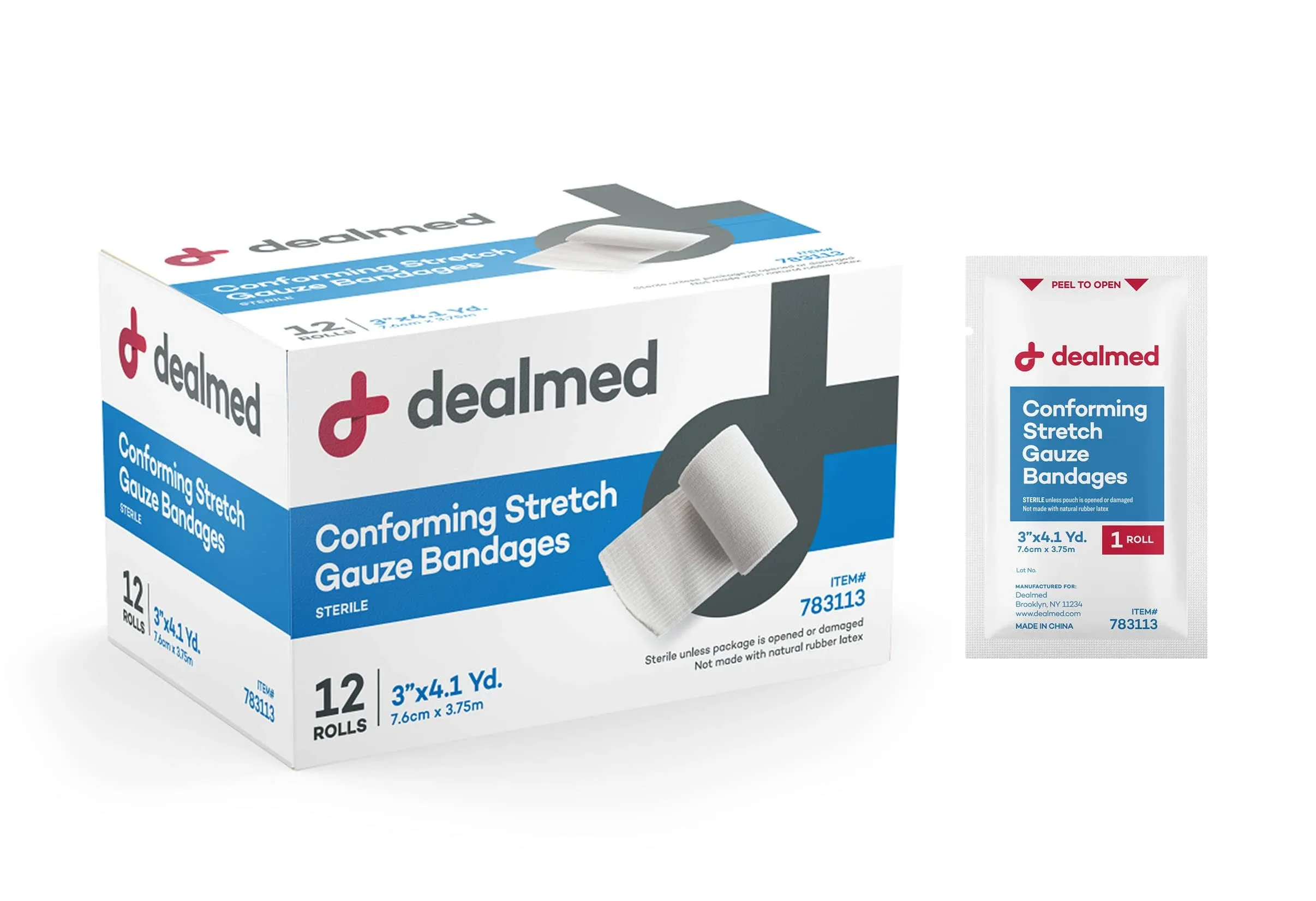 Dealmed 2" Sterile Conforming Stretch Gauze Bandages, 4.1 Yards Stretched, 12 Rolls