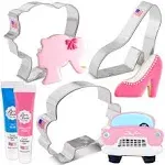 Fashion Doll Cookie Cutters and Decorating 5-Pc. Set Made in USA by Ann Clark, Doll Head, High Heel Shoe, Pink Convertible, Pink & Sky Blue Food