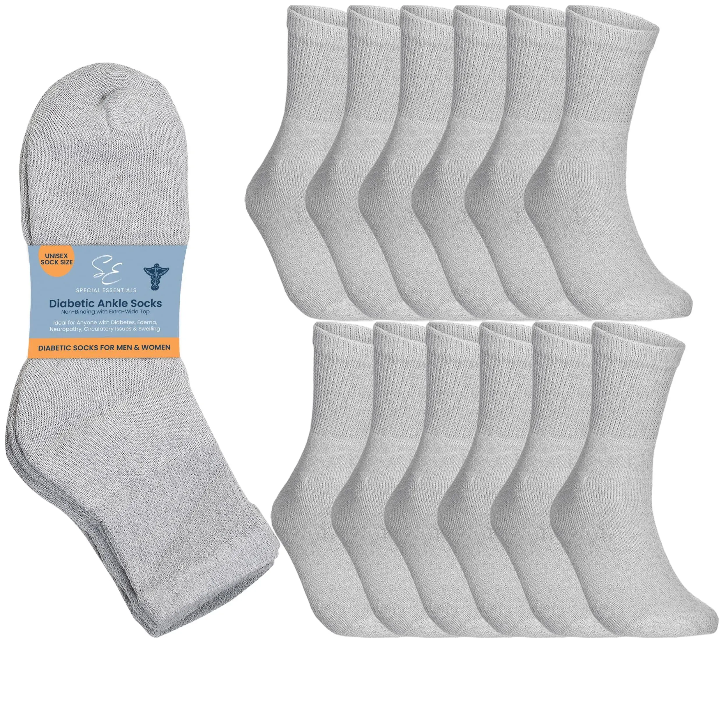 Special Essentials 12 Pairs Cotton Diabetic Ankle Socks - Non-Binding With Extra Wide Top For Men and Women