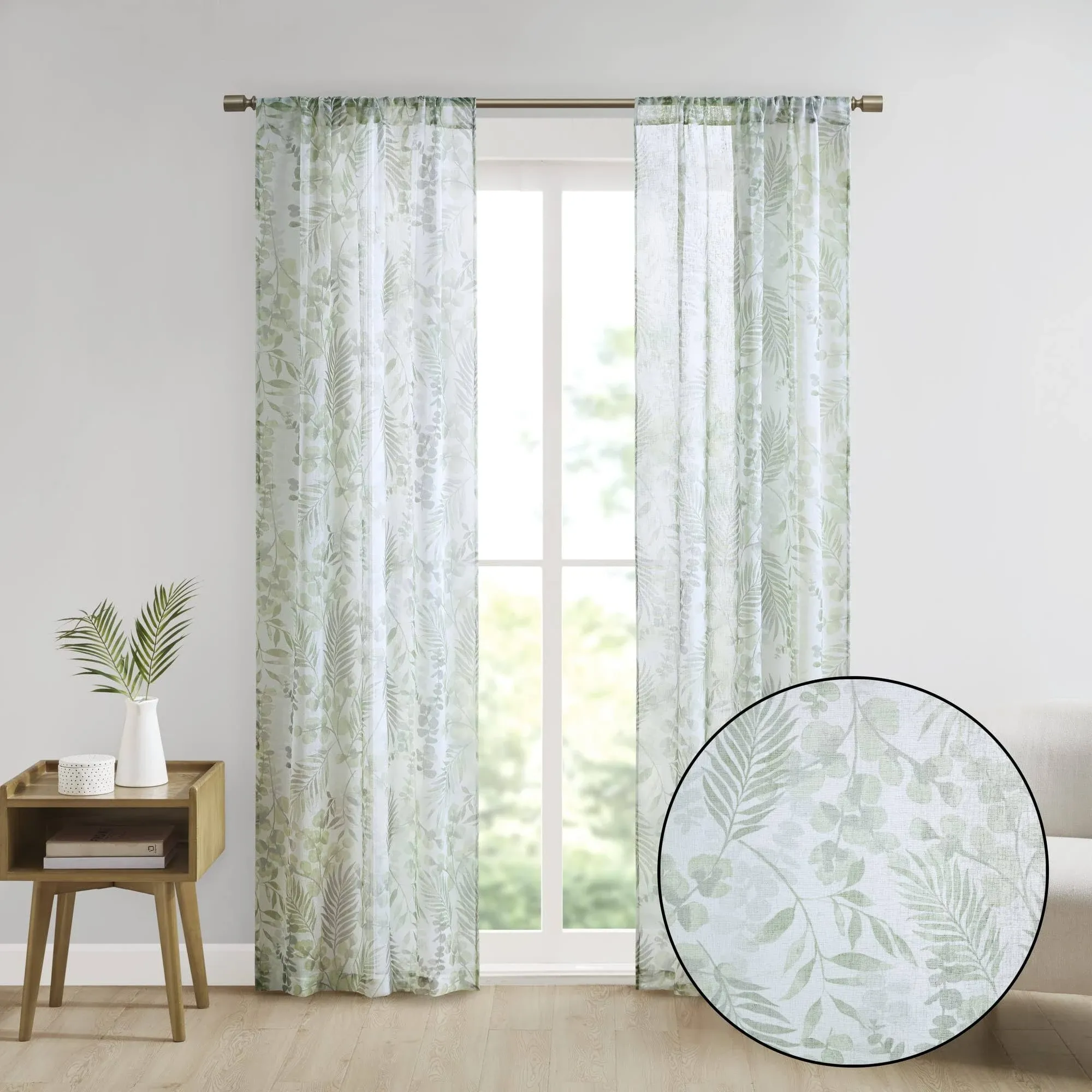 Madison Park Yara 2-Piece Botanical Printed Texture Sheer Window Pair, Green, 37x95"