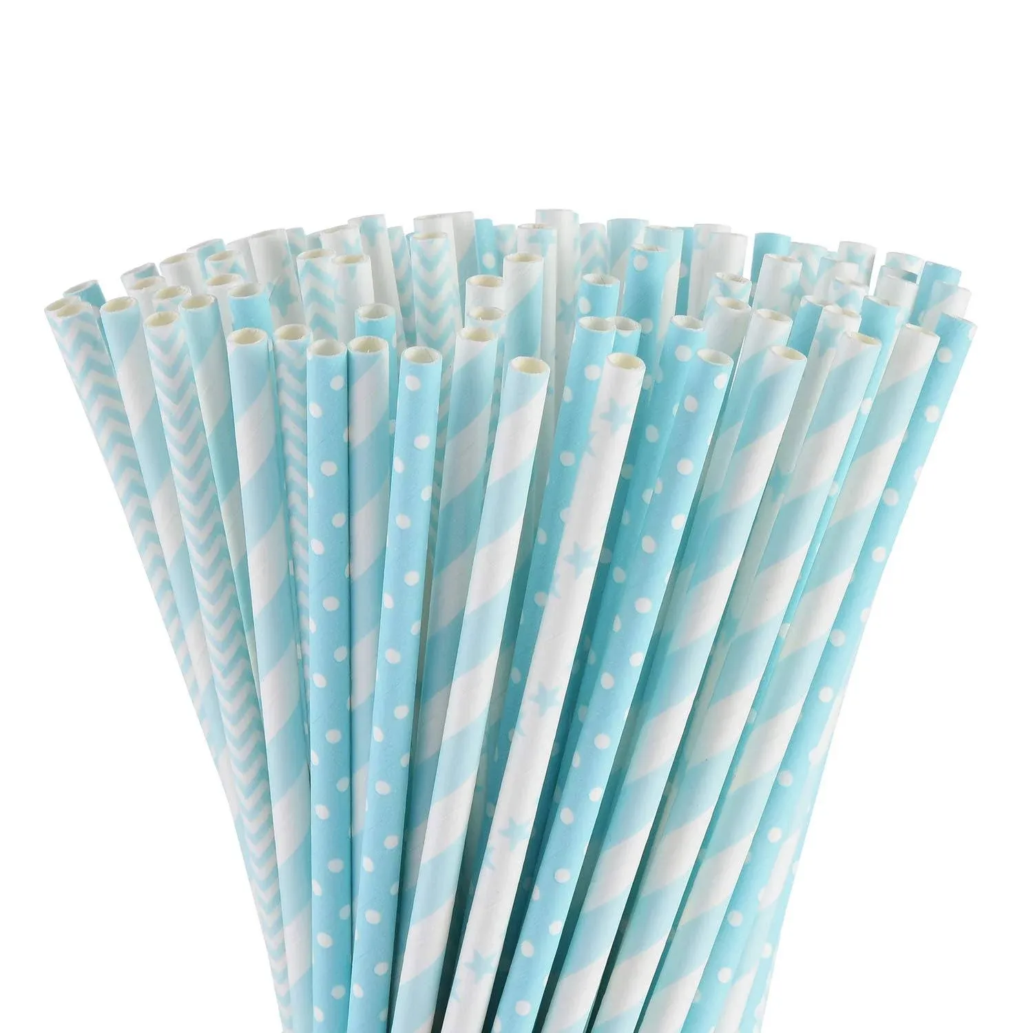 ALINK Biodegradable Light Blue White Paper Straws, Pack