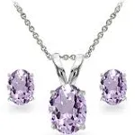 Sterling Silver Amethyst Oval-cut Solitaire Necklace and Stud Earrings Set