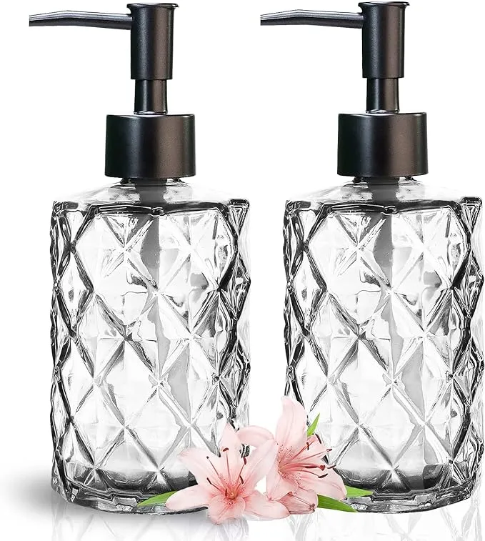 YTDTKJ 2 Pcs Glass Soap Dispenser, 330ml/12oz Liquid Hand Soap Dispenser with Plastic Pump for Bathroom and Kitchen, Hand-Pump Dispense