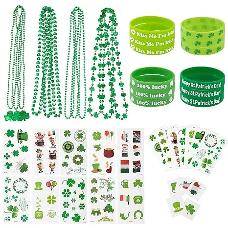 Whaline St. Patrick's Day Party Favor Set Include 12 Green Rubber Wristbands Bracelet, 12 Shamrock Necklace and 70 Piece Temporary Tattoo Sticker