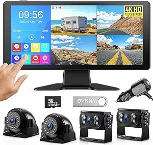 4K RV Backup Camera System 10.36" Quad Split Touchscreen Monitor 4 1080P HD Rear View Cameras DVR Recording Bluetooth Music USB Video Play IP69 Waterproof Night Vision for Trailer RV Truck etc