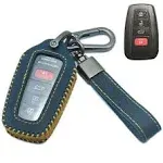 Yubomt for Toyota Key Fob Cover,Genuine Leather Key Case with Keychain for Toyota Camry Highlander RAV4 Chr Avalon Prius,Blue, Size: Standard