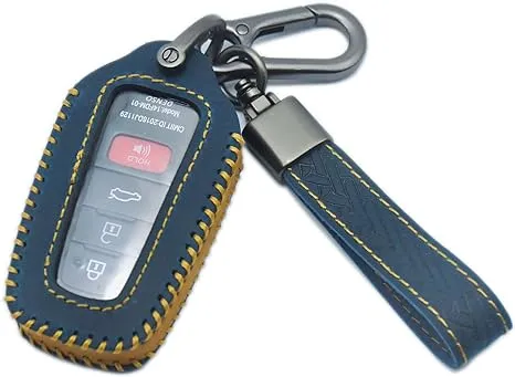 for Toyota Key Fob Cover,Genuine Leather Key Case with Keychain for Toyota Camry Highlander RAV4 CHR Avalon Prius Accessories,Blue