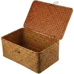 Vosarea Rattan Storage Basket,11 inch,Straw Seaweed Basket,Hand-Woven Storage Basket Multipurpose Container with Lid for Desktop Home Decoration Size L