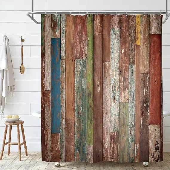 Riyidecor Wooden Brown Shower Curtain Metal Hooks 12 Pack Farmhouse Wood Rustic Planks Barn Antique Red Blue Grey Grunge Lodge Hardwood Decor Fabric