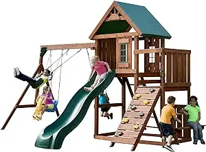 Swing-N-Slide PB 9241-1 Knightsbridge Wooden Swing Set with Slide, Swings, Glider, Climbing Wall, Green Slide