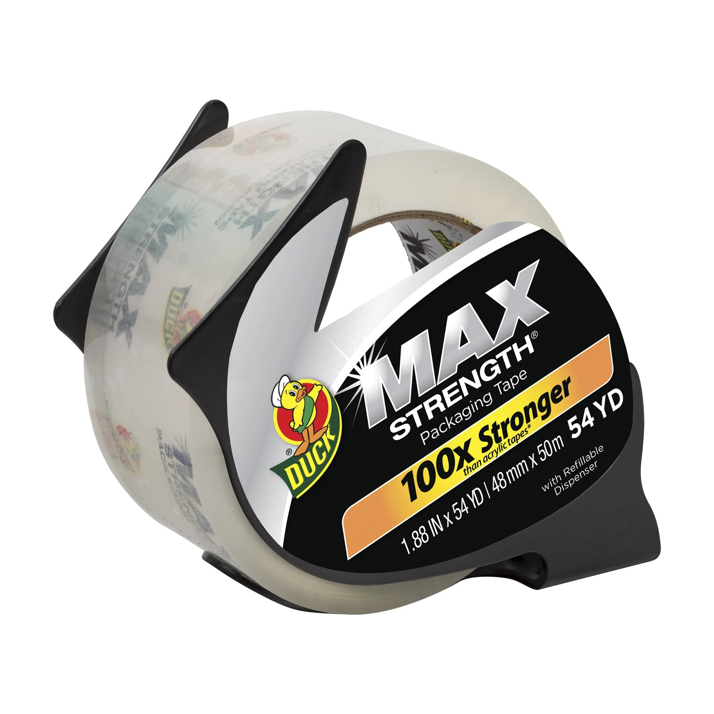 Duck Max Packaging Tape with Dispenser, 3" Core, 1.88" x 54.6 yds, Crystal Clear