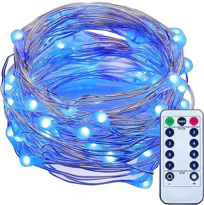 ITART Blue LED String Lights with Remote and Timer Dimmable Mini Fairy Lights Battery Operated 50 LEDs 16.7ft Super Bright Ultra Thin Silver Wire