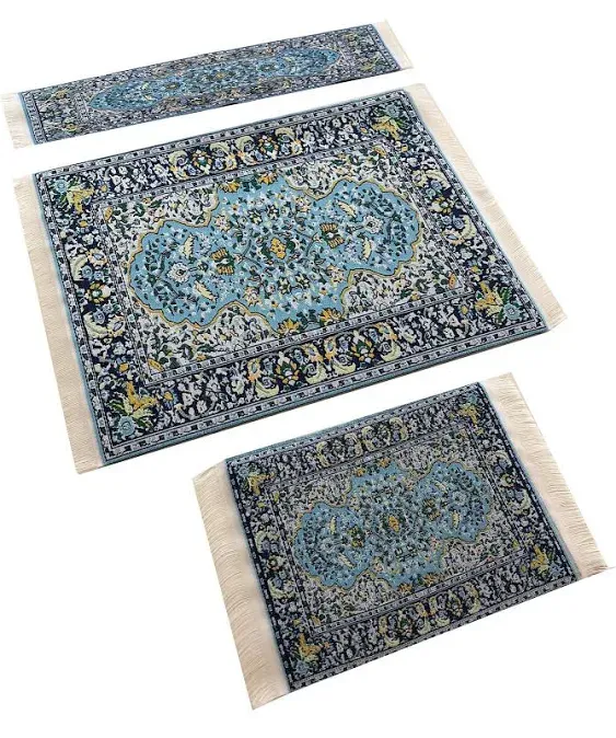 3 Piece Set, Matching Rug Style Mouse pad, Miniature Carpet Coaster and Bookmark, Elegant Office Accessories, Colorful, Novelty, Blue