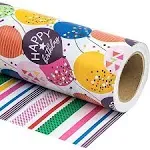 WRAPAHOLIC Reversible Birthday Wrapping Paper - Mini Roll - 17 Inch X 33 Feet - Colorful Balloon with Confetti Design for Birthday, Holiday, Party, Baby Shower