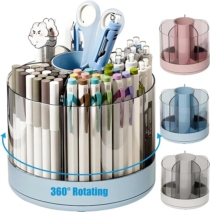 gianotter 360 Degree Rotation pen holder, 6 Slots Pencil Holder for Desk, desk organizers and accessories for Office Supplies, Home Office Art Supply Storage Box Caddy (Blue)