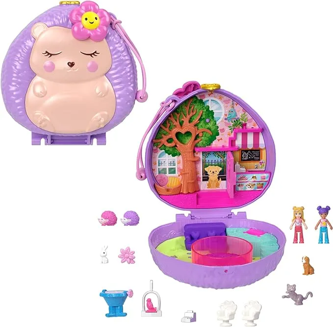 Polly Pocket Dolls and Playset, Travel Toy with Fidget Exterior, Hedgehog Coffee Shop Compact with 2 Micro Dolls and 10 Accessories