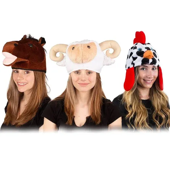 Tigerdoe Farm Animal Hats Set - Animal Costume Hat - Farm Dress Up - Plush Rooster, Horse, Sheep - 3 Pc Set