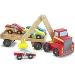 Melissa &amp; Doug Magnetic Car Loader Wooden Toy Set With 4 Cars and 1 Semi-Trailer